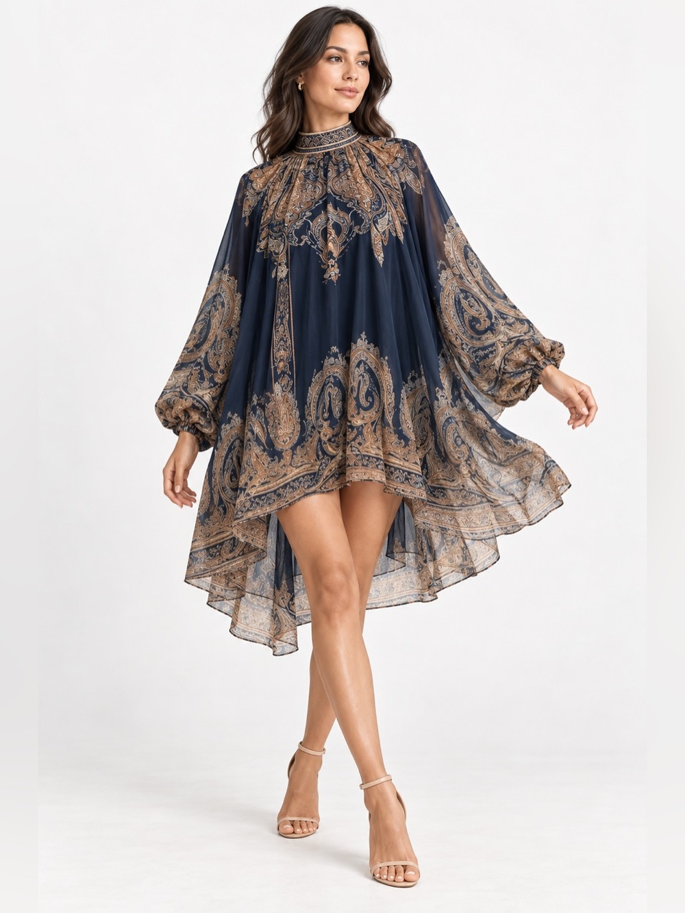 Navy Paisley High-Low Boho Mesh Kaftan Dress